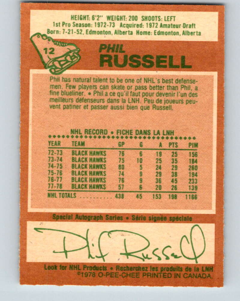 1978-79 O-Pee-Chee #12 Phil Russell Chicago Blackhawks V20927
