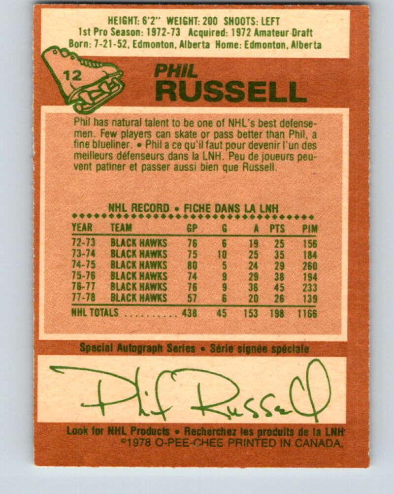 1978-79 O-Pee-Chee #12 Phil Russell Chicago Blackhawks V20936
