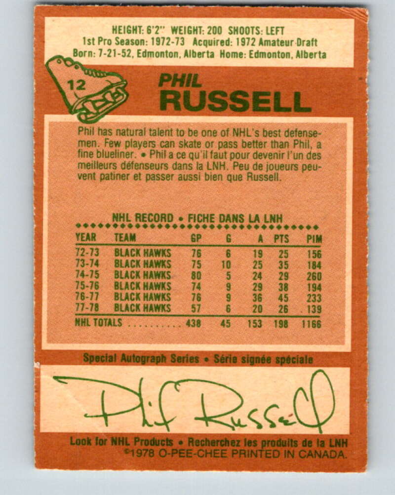 1978-79 O-Pee-Chee #12 Phil Russell Chicago Blackhawks V20938