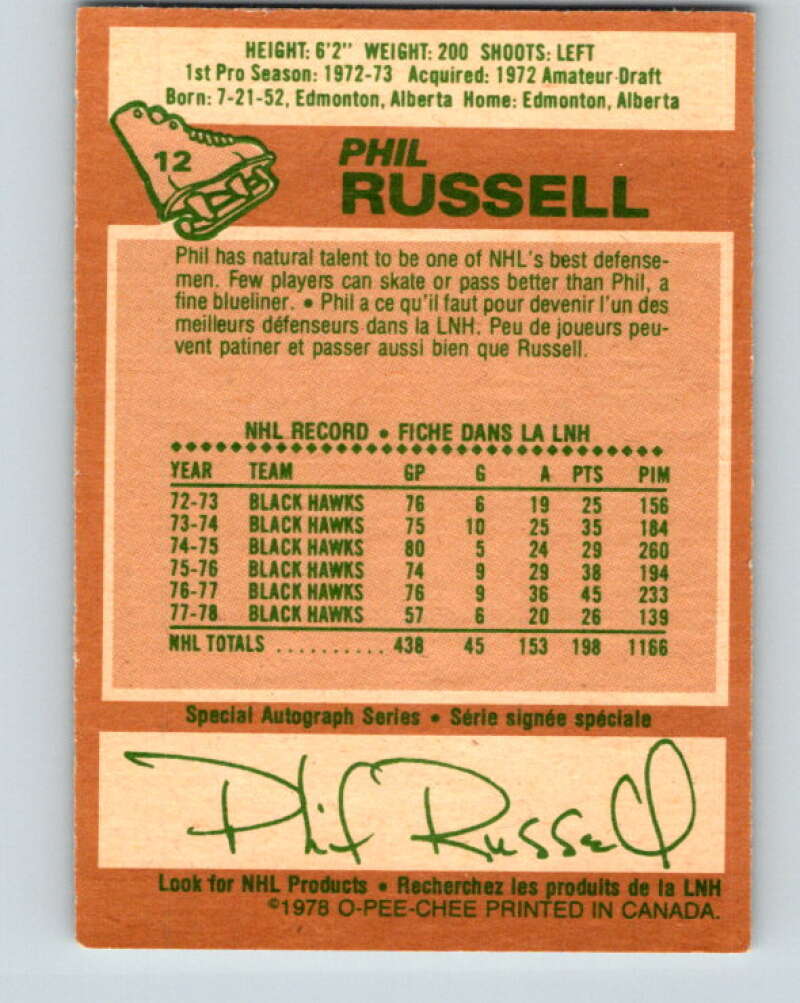 1978-79 O-Pee-Chee #12 Phil Russell Chicago Blackhawks V20939