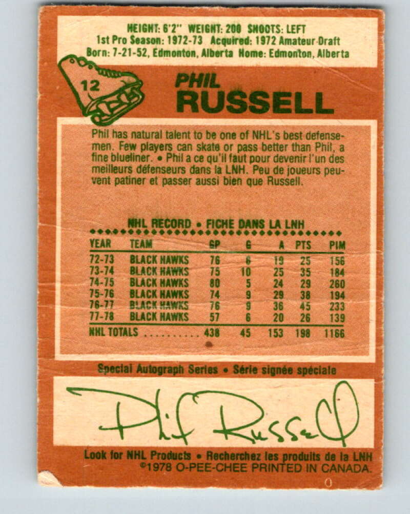 1978-79 O-Pee-Chee #12 Phil Russell Chicago Blackhawks V20940