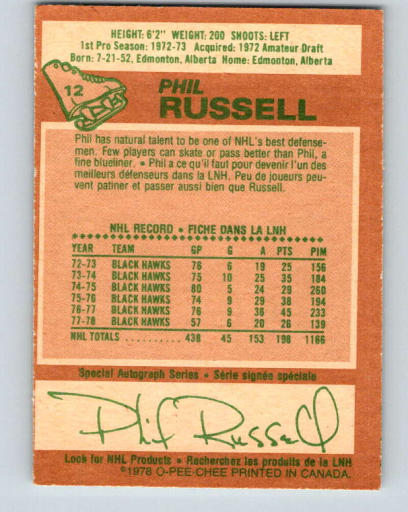 1978-79 O-Pee-Chee #12 Phil Russell Chicago Blackhawks V20941