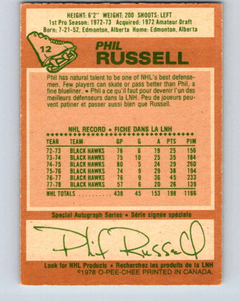 1978-79 O-Pee-Chee #12 Phil Russell Chicago Blackhawks V20944
