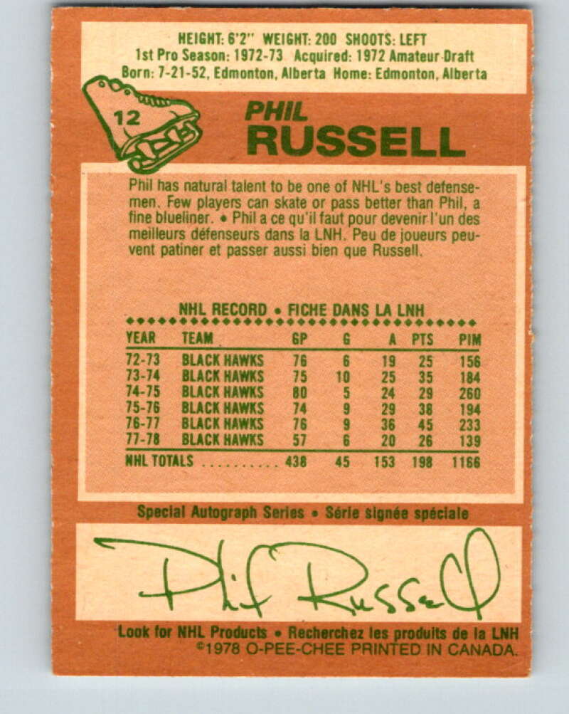 1978-79 O-Pee-Chee #12 Phil Russell Chicago Blackhawks V20949