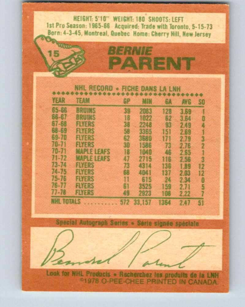 1978-79 O-Pee-Chee #15 Bernie Parent Philadelphia Flyers V20975