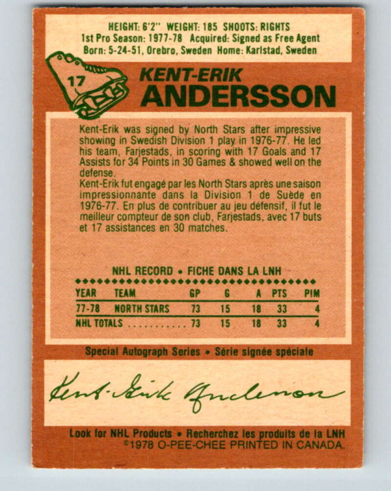 1978-79 O-Pee-Chee #17 Kent-Erik Andersson RC Rookie Minnesota V20993