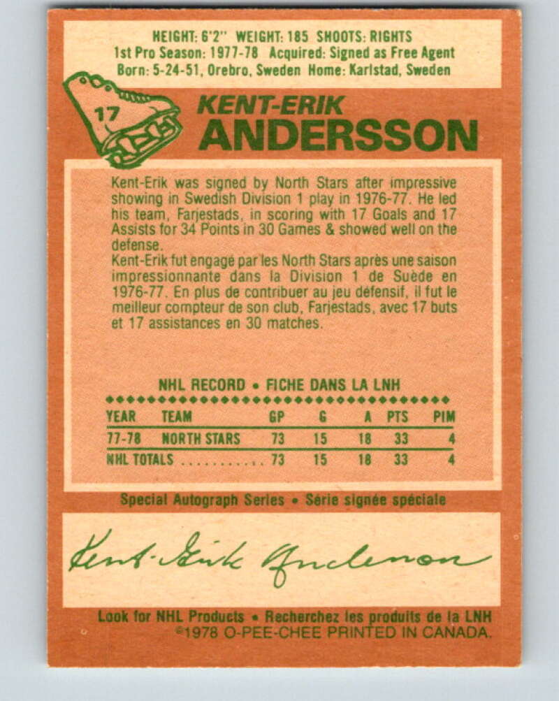 1978-79 O-Pee-Chee #17 Kent-Erik Andersson RC Rookie Minnesota V20996