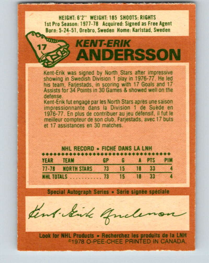 1978-79 O-Pee-Chee #17 Kent-Erik Andersson RC Rookie Minnesota V21008