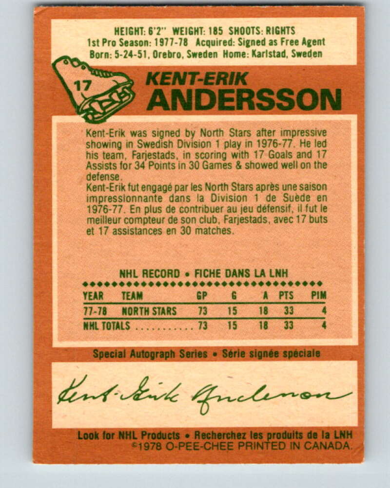 1978-79 O-Pee-Chee #17 Kent-Erik Andersson RC Rookie Minnesota V21009