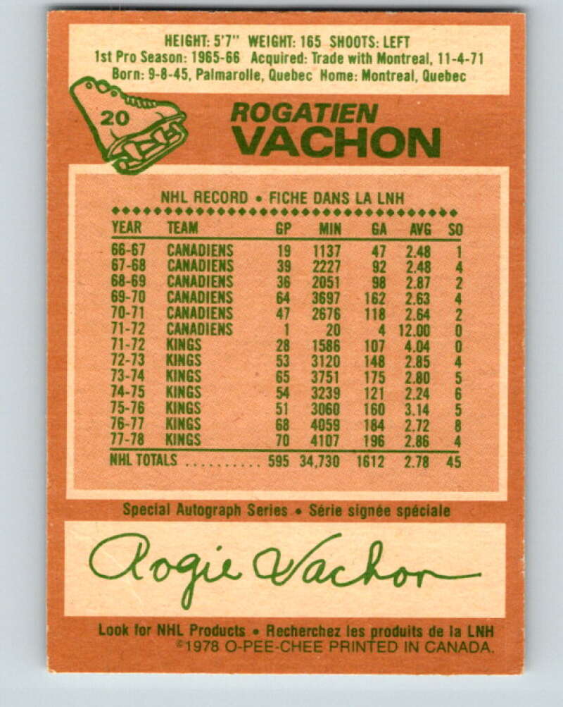 1978-79 O-Pee-Chee #20 Rogie Vachon Detroit Red Wings V21053