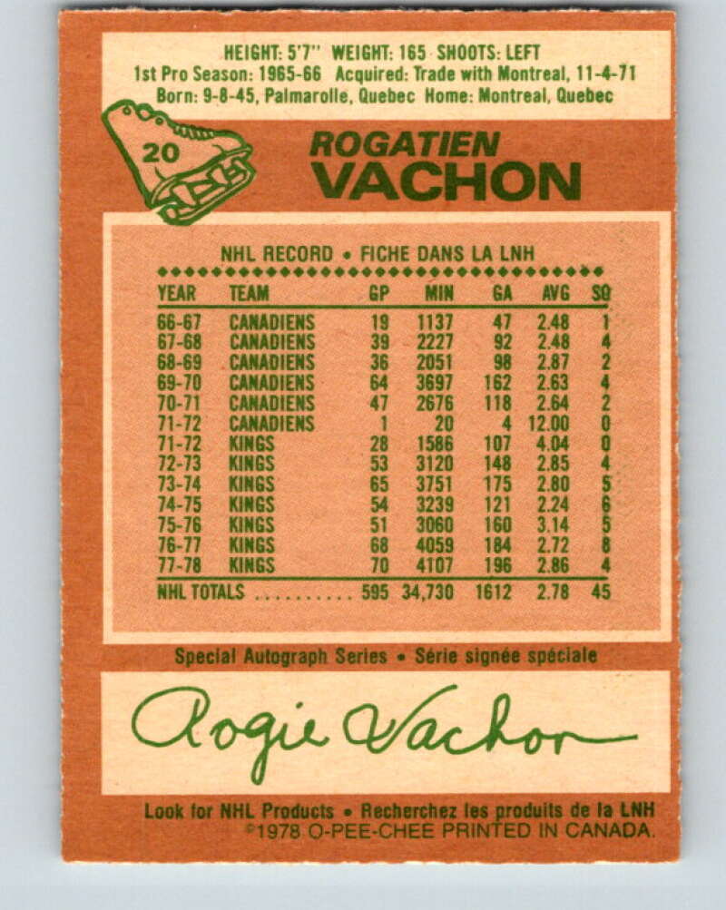 1978-79 O-Pee-Chee #20 Rogie Vachon Detroit Red Wings V21065