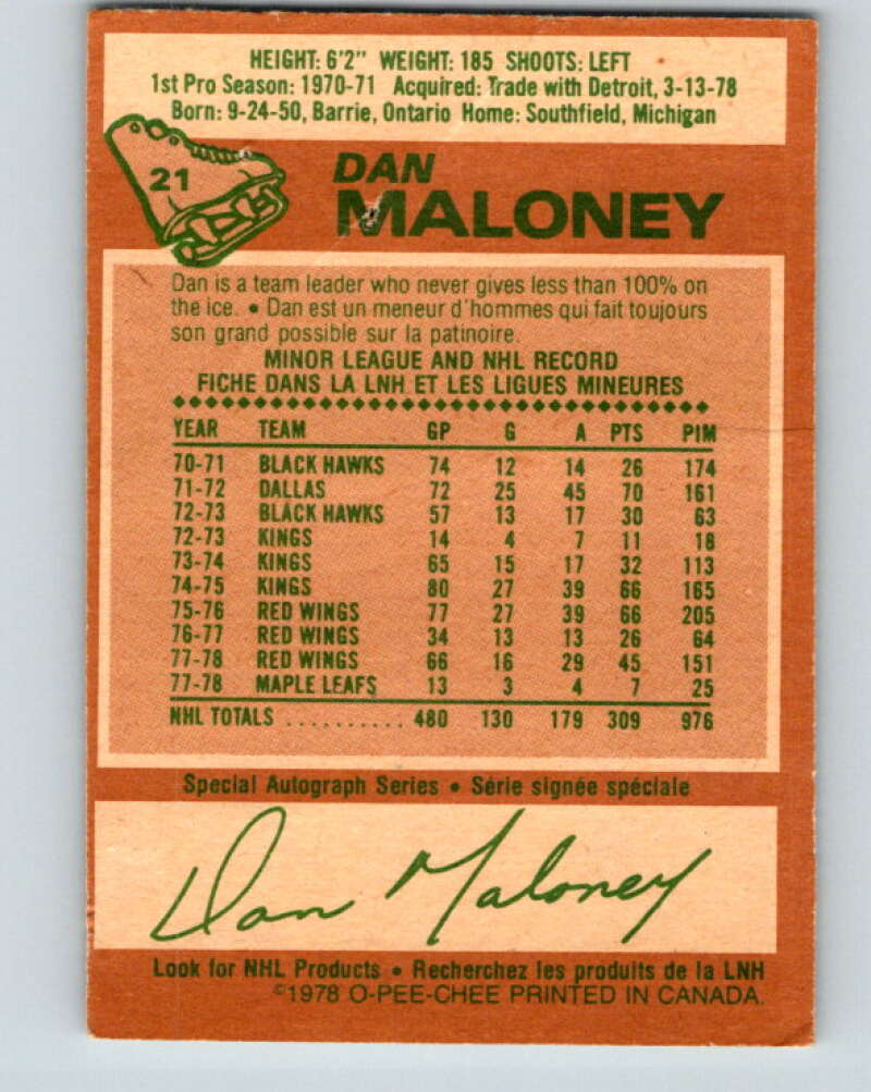 1978-79 O-Pee-Chee #21 Dan Maloney Toronto Maple Leafs V21087