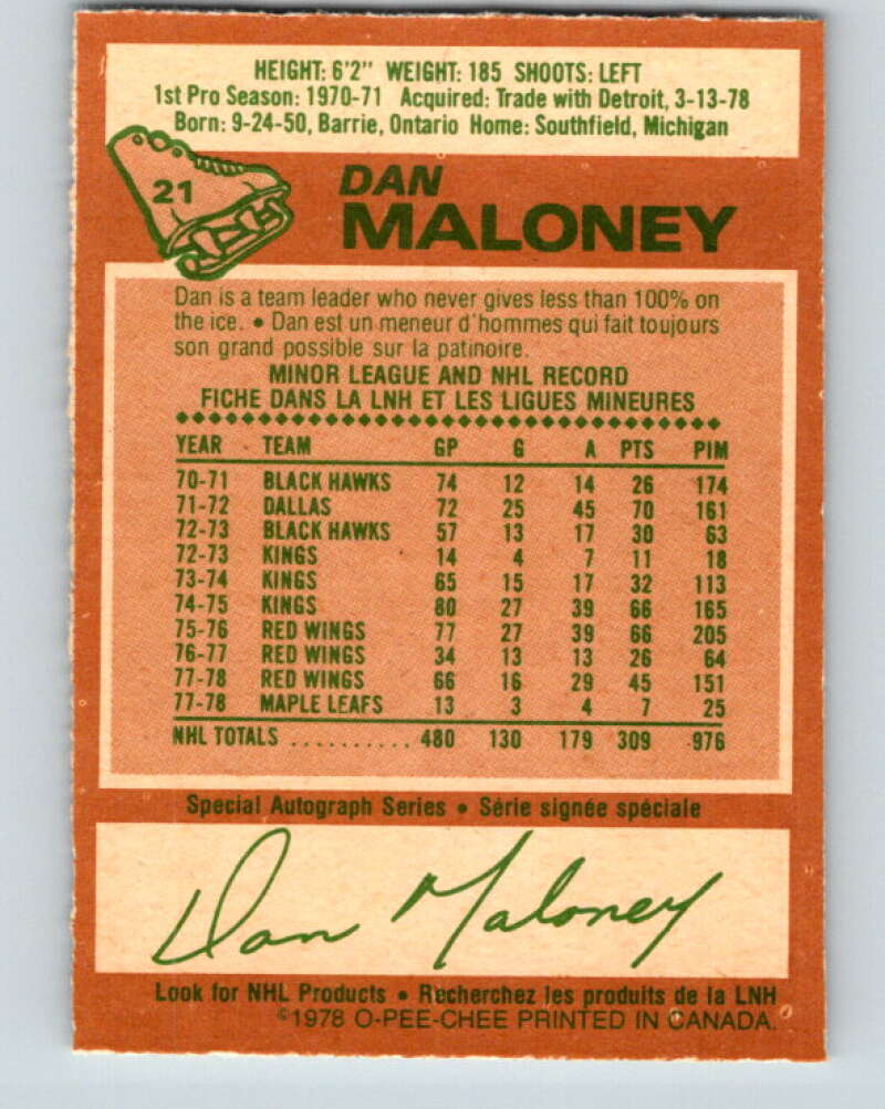 1978-79 O-Pee-Chee #21 Dan Maloney Toronto Maple Leafs V21091