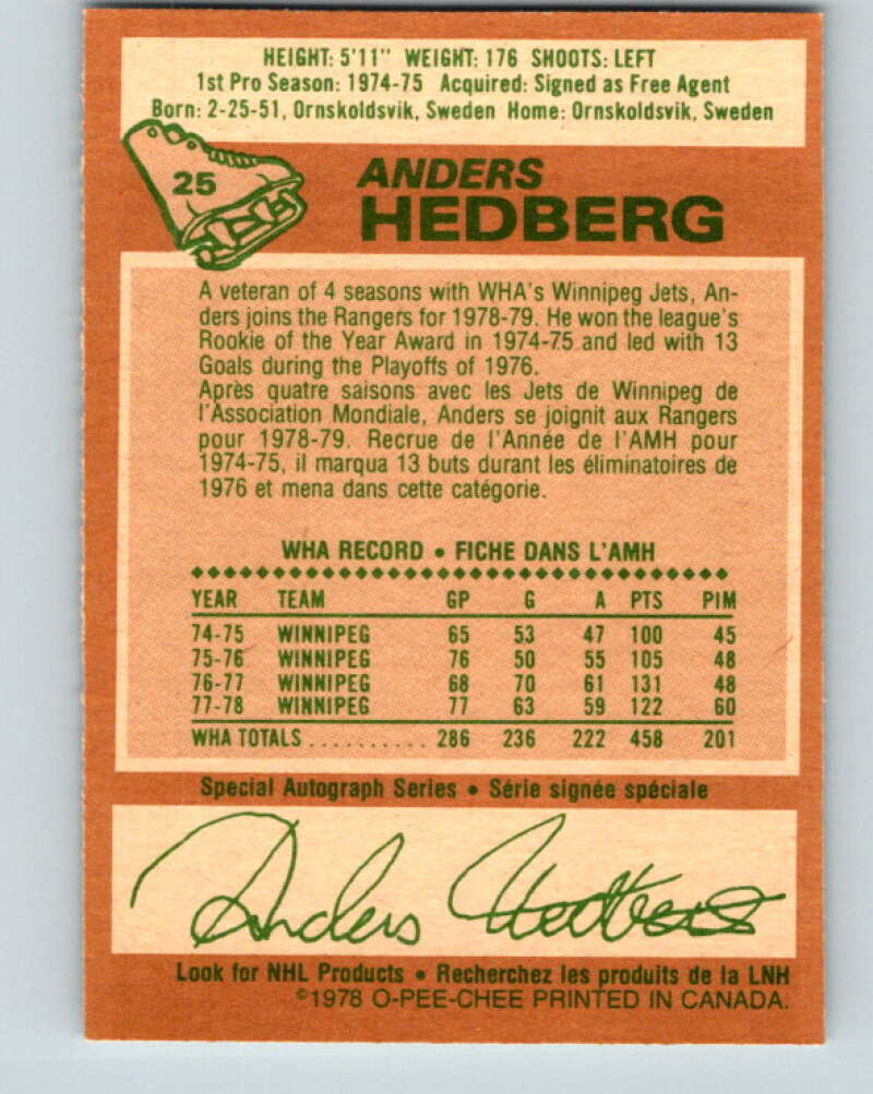 1978-79 O-Pee-Chee #25 Anders Hedberg New York Rangers V21134