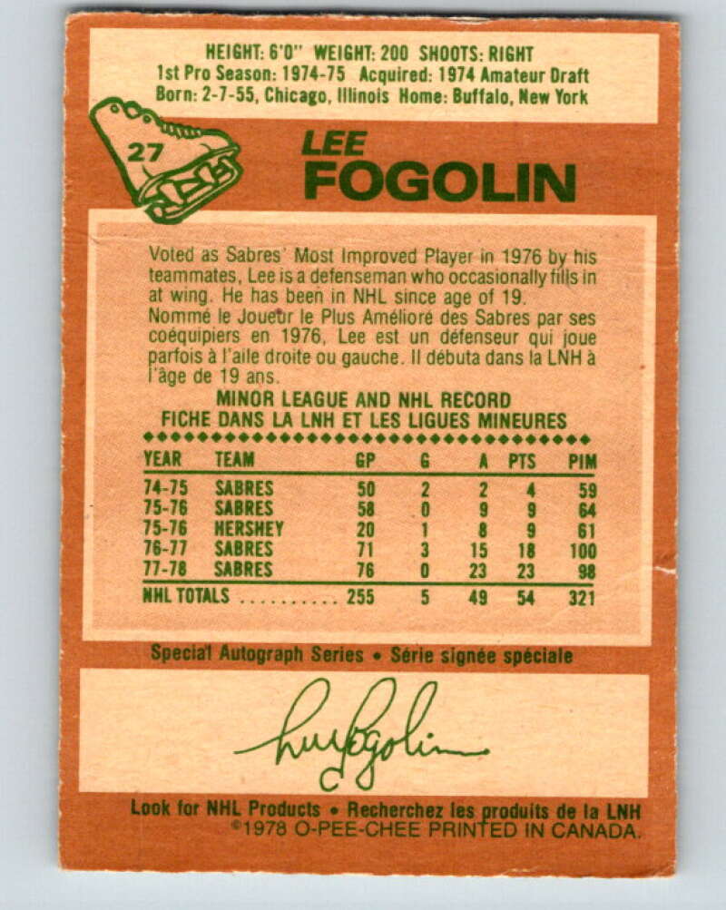 1978-79 O-Pee-Chee #27 Lee Fogolin Buffalo Sabres V21148