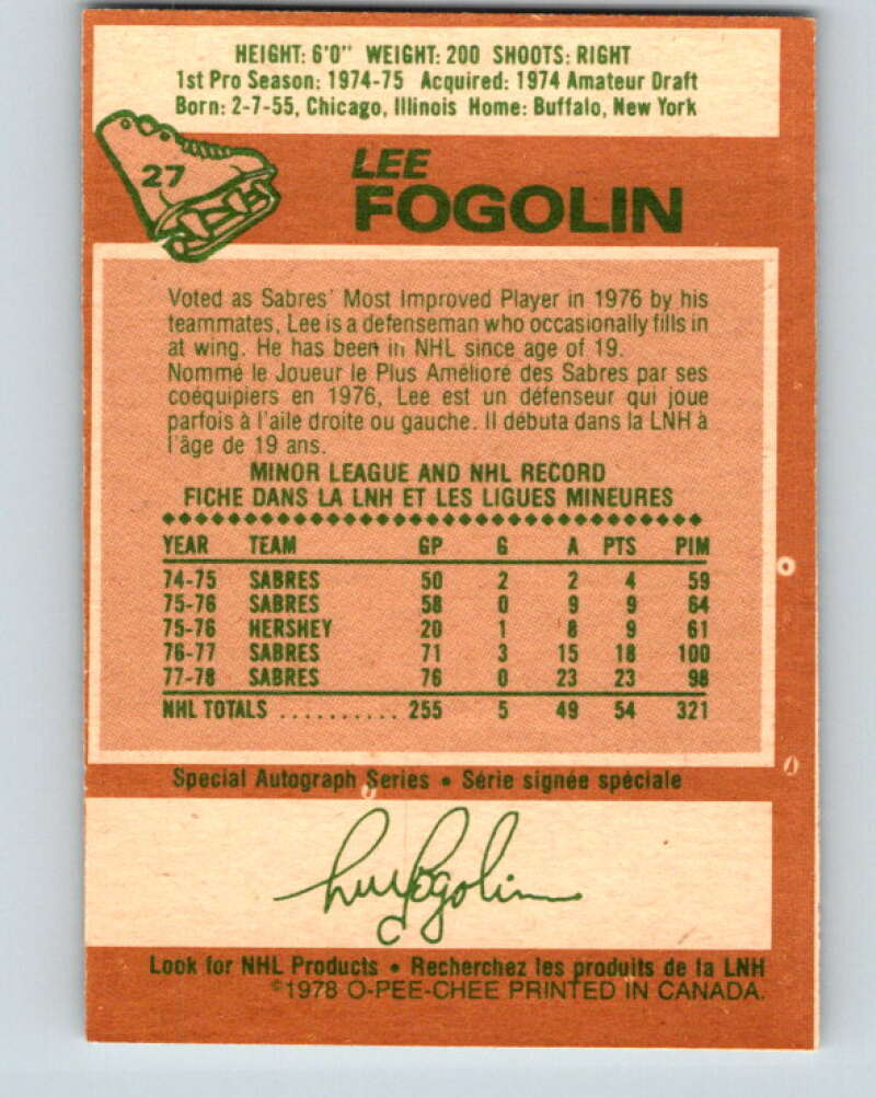 1978-79 O-Pee-Chee #27 Lee Fogolin Buffalo Sabres V21149