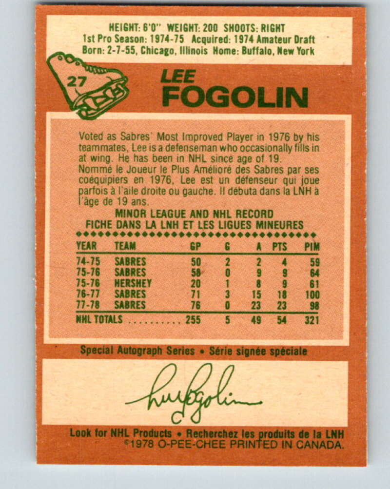 1978-79 O-Pee-Chee #27 Lee Fogolin Buffalo Sabres V21150