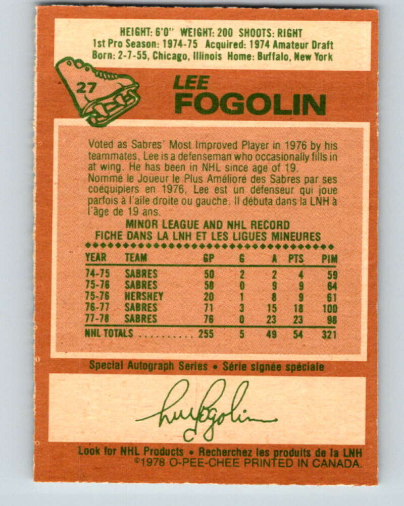 1978-79 O-Pee-Chee #27 Lee Fogolin Buffalo Sabres V21151