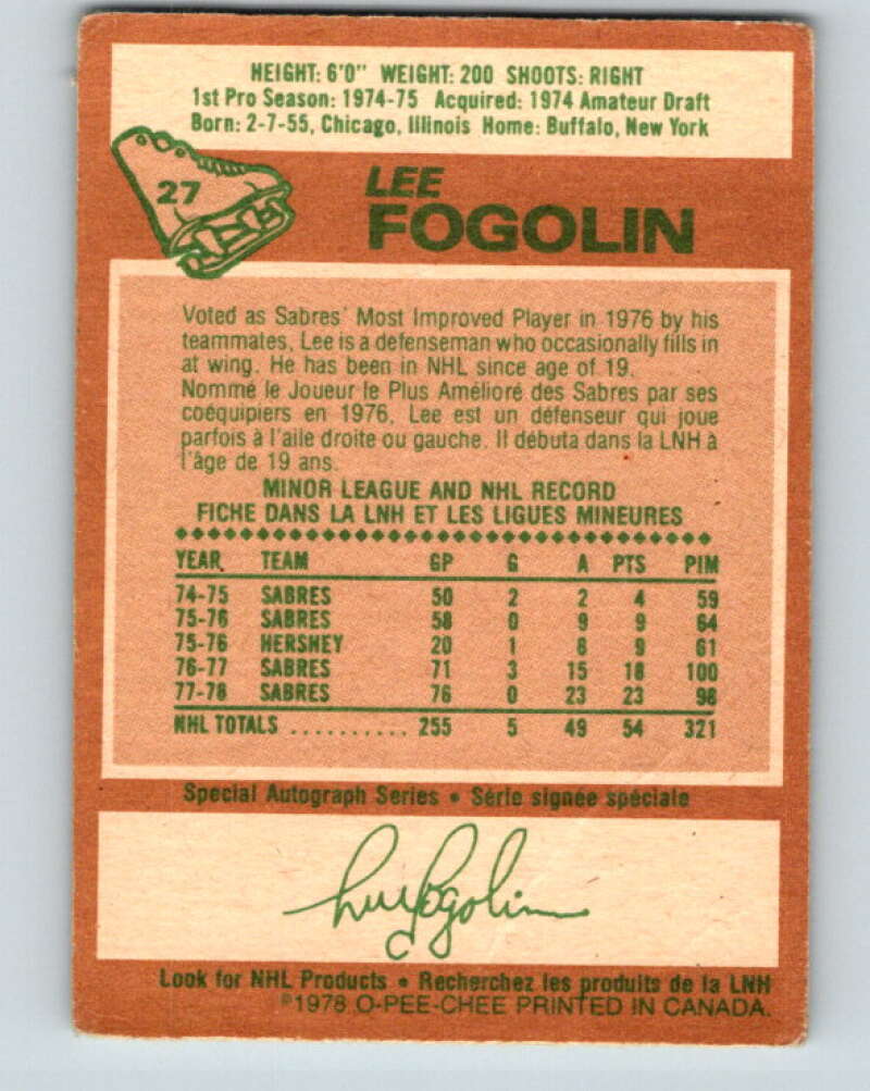 1978-79 O-Pee-Chee #27 Lee Fogolin Buffalo Sabres V21152