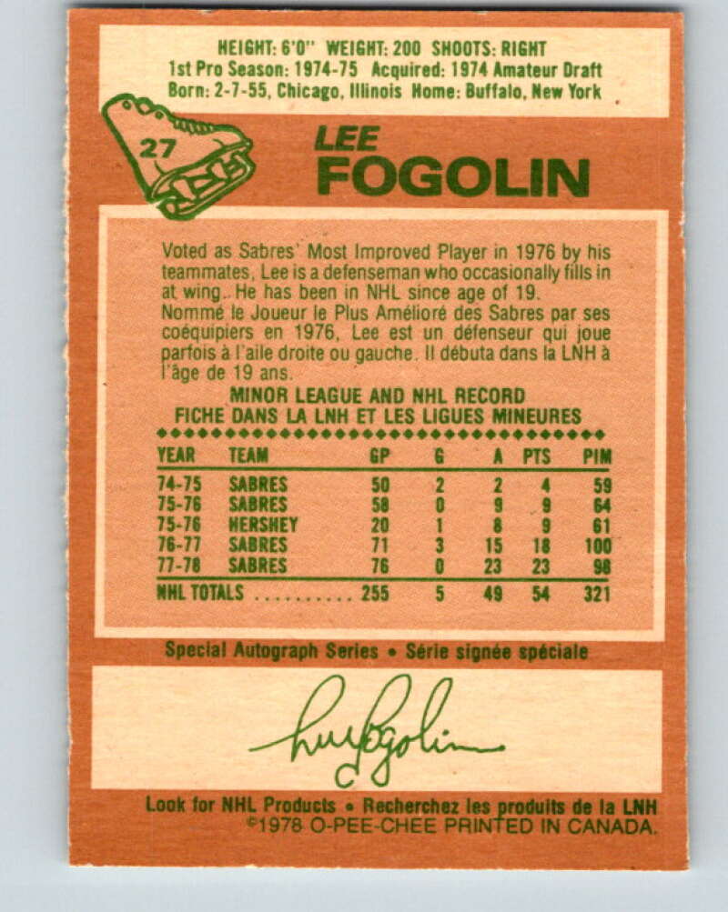 1978-79 O-Pee-Chee #27 Lee Fogolin Buffalo Sabres V21153
