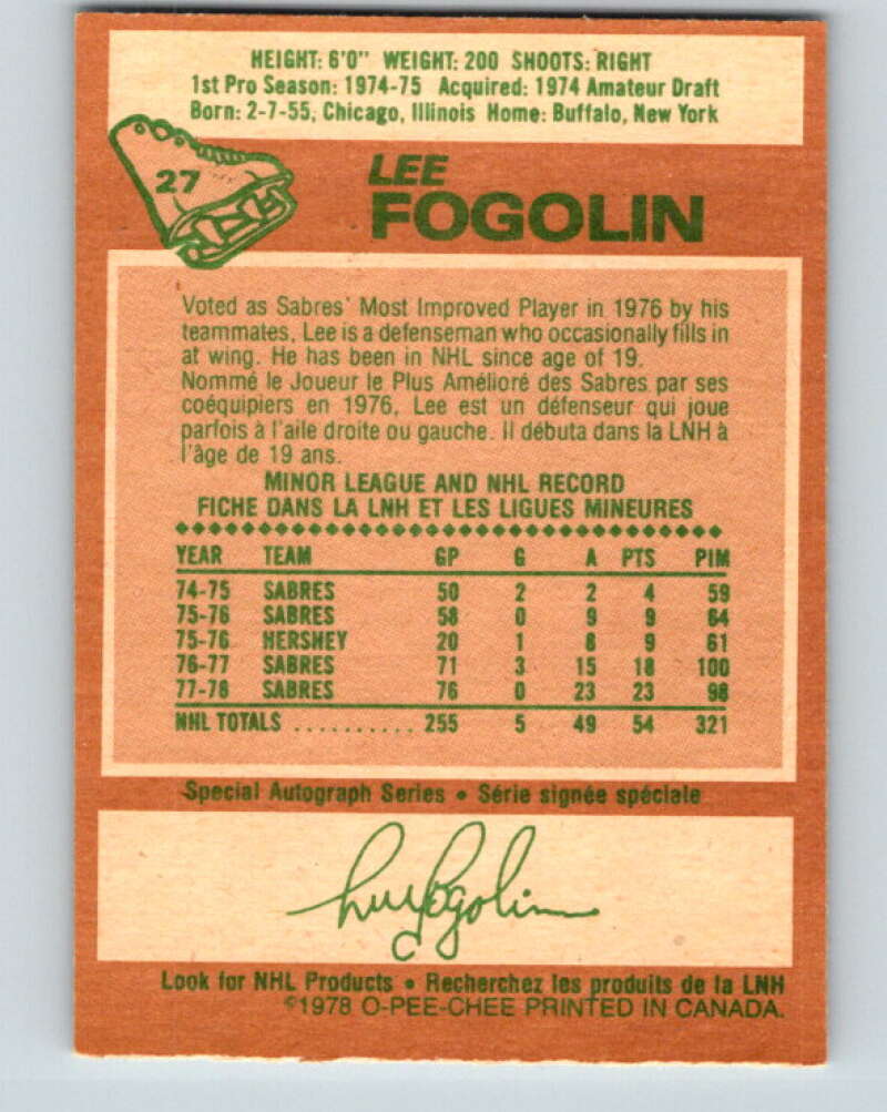 1978-79 O-Pee-Chee #27 Lee Fogolin Buffalo Sabres V21154
