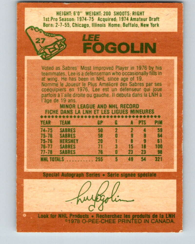 1978-79 O-Pee-Chee #27 Lee Fogolin Buffalo Sabres V21156