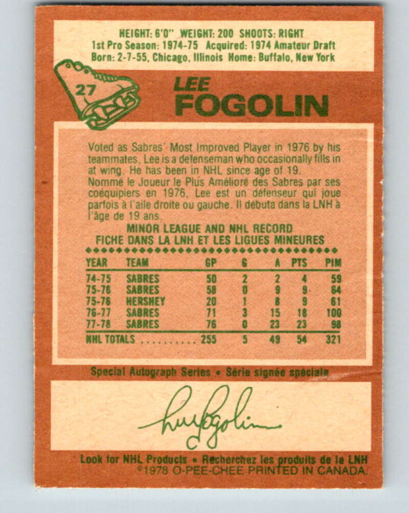 1978-79 O-Pee-Chee #27 Lee Fogolin Buffalo Sabres V21158