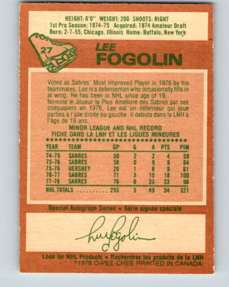 1978-79 O-Pee-Chee #27 Lee Fogolin Buffalo Sabres V21160