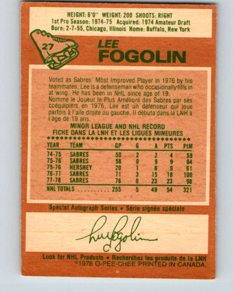1978-79 O-Pee-Chee #27 Lee Fogolin Buffalo Sabres V21162