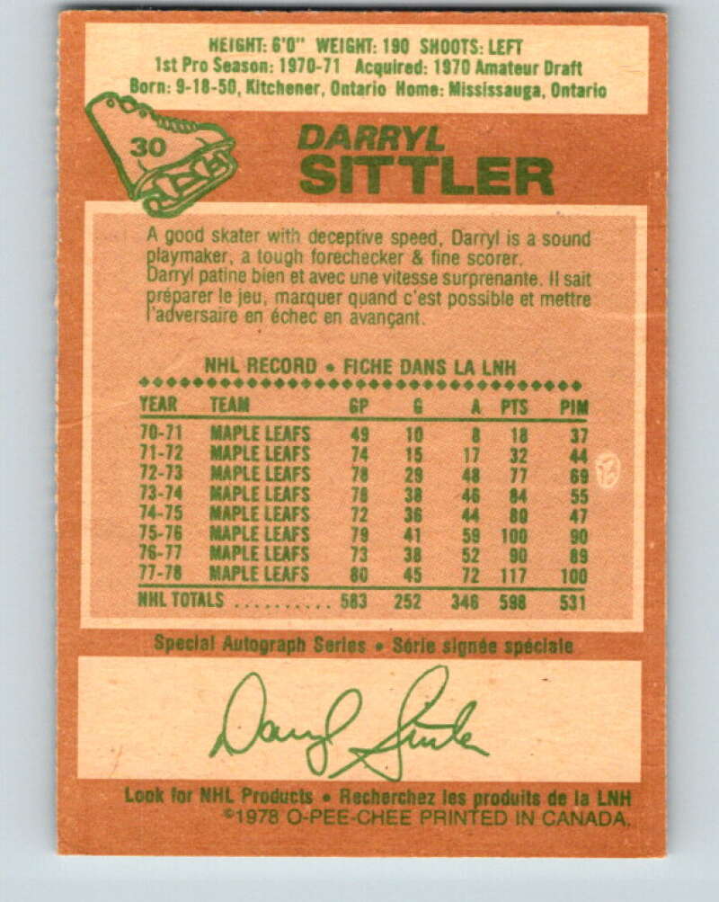 1978-79 O-Pee-Chee #30 Darryl Sittler AS Toronto Maple Leafs V21200