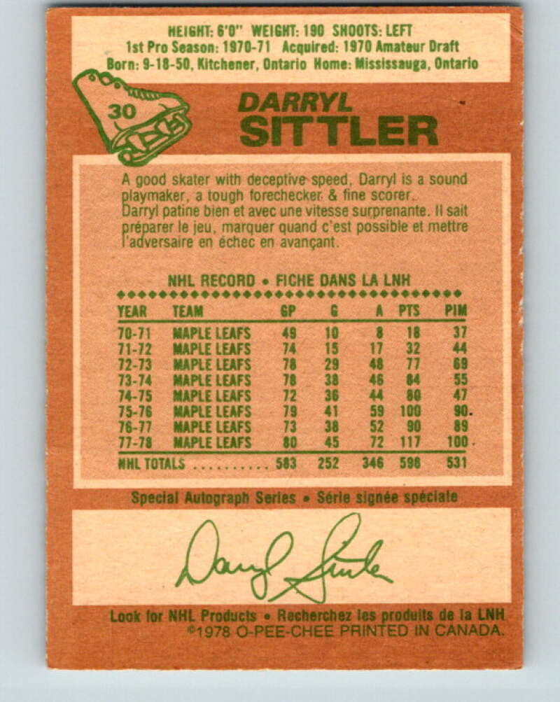 1978-79 O-Pee-Chee #30 Darryl Sittler AS Toronto Maple Leafs V21208