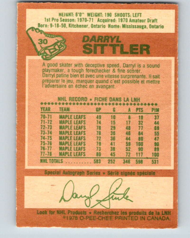 1978-79 O-Pee-Chee #30 Darryl Sittler AS Toronto Maple Leafs V21212