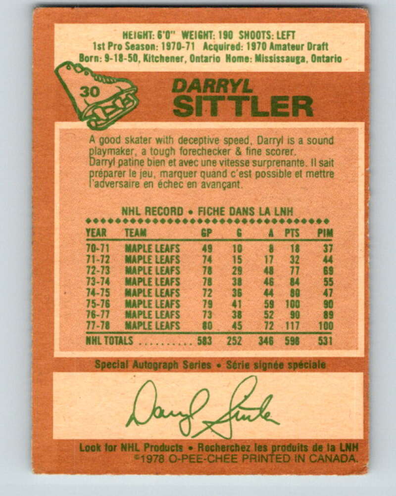 1978-79 O-Pee-Chee #30 Darryl Sittler AS Toronto Maple Leafs V21216