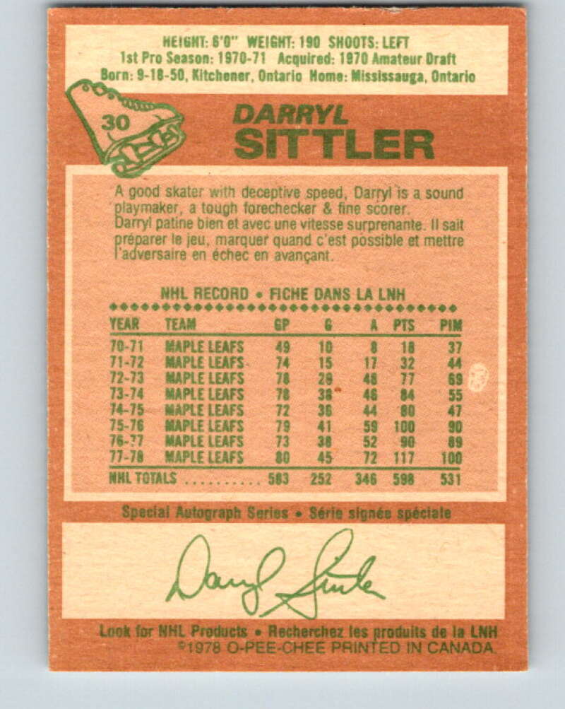 1978-79 O-Pee-Chee #30 Darryl Sittler AS Toronto Maple Leafs V21218