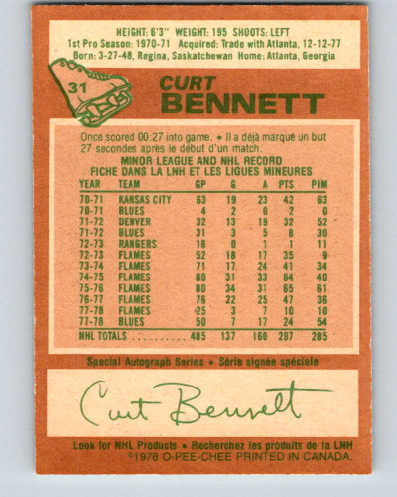 1978-79 O-Pee-Chee #31 Curt Bennett St. Louis Blues V21221