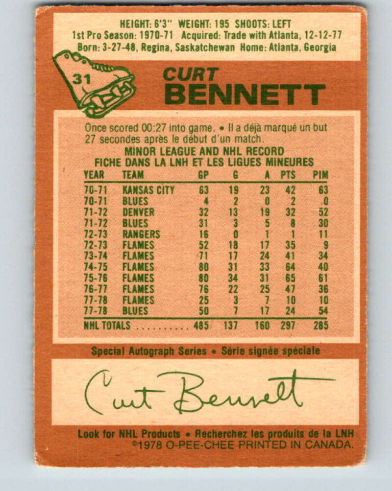 1978-79 O-Pee-Chee #31 Curt Bennett St. Louis Blues V21229