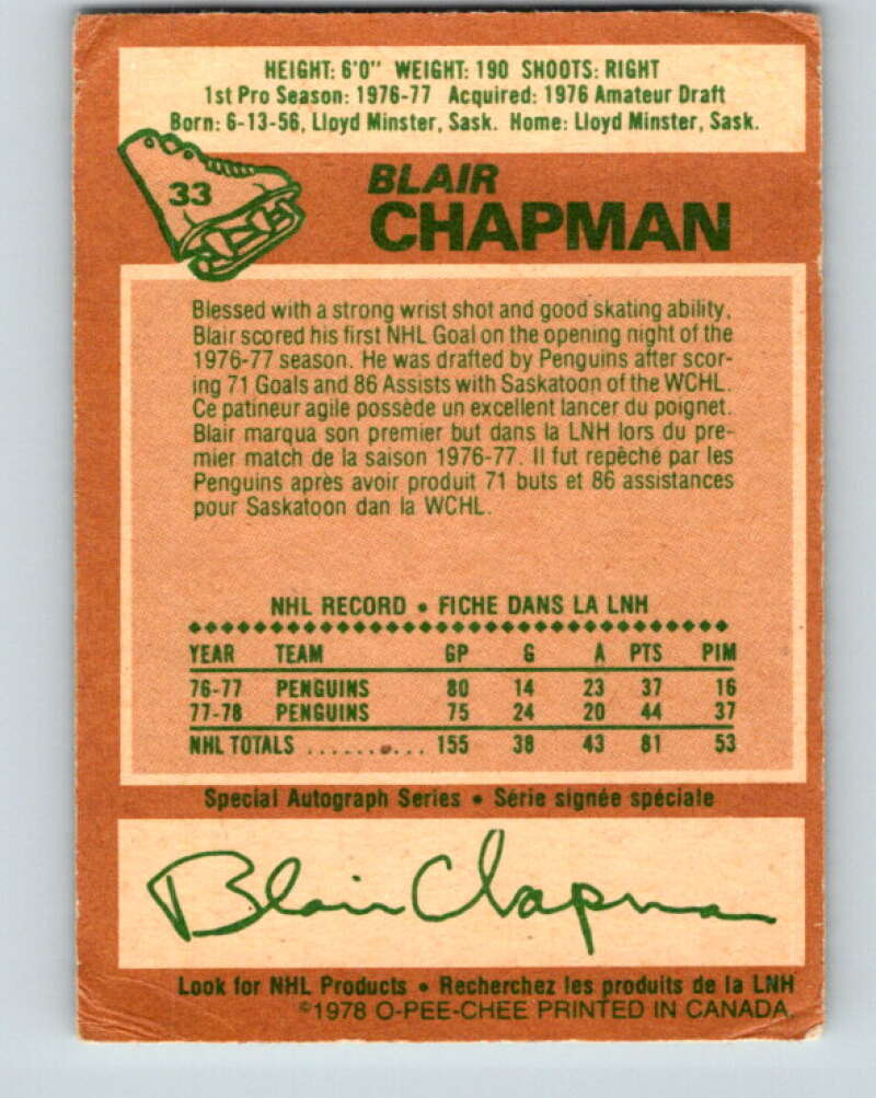 1978-79 O-Pee-Chee #33 Blair Chapman Pittsburgh Penguins V21253