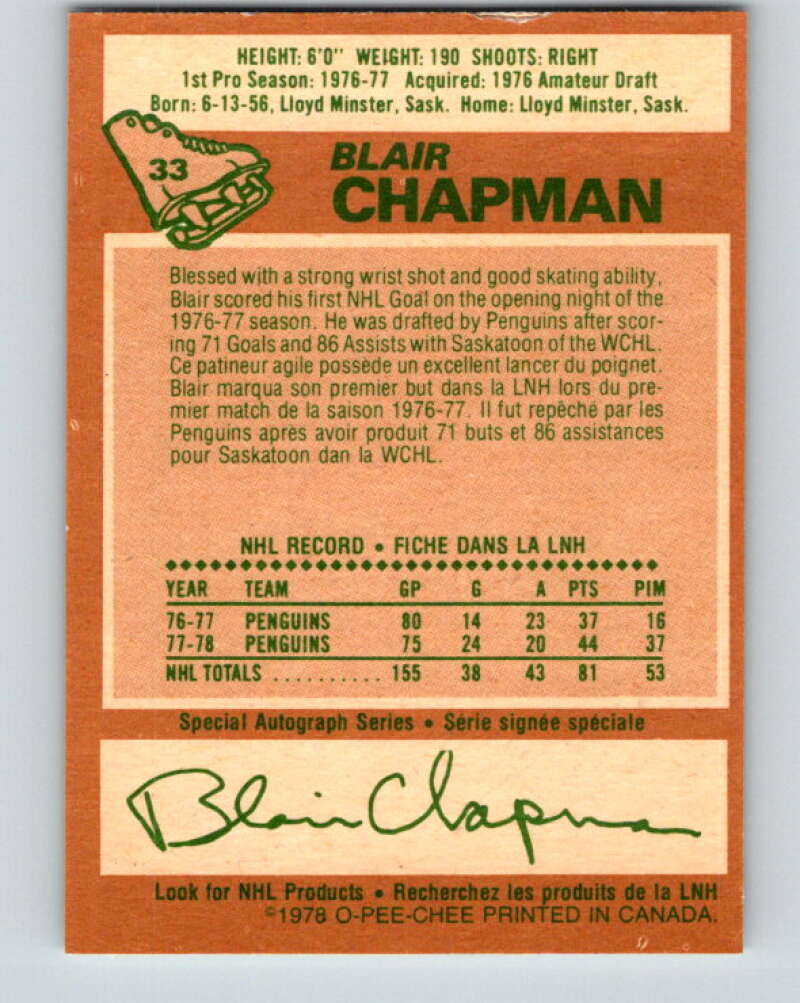 1978-79 O-Pee-Chee #33 Blair Chapman Pittsburgh Penguins V21265