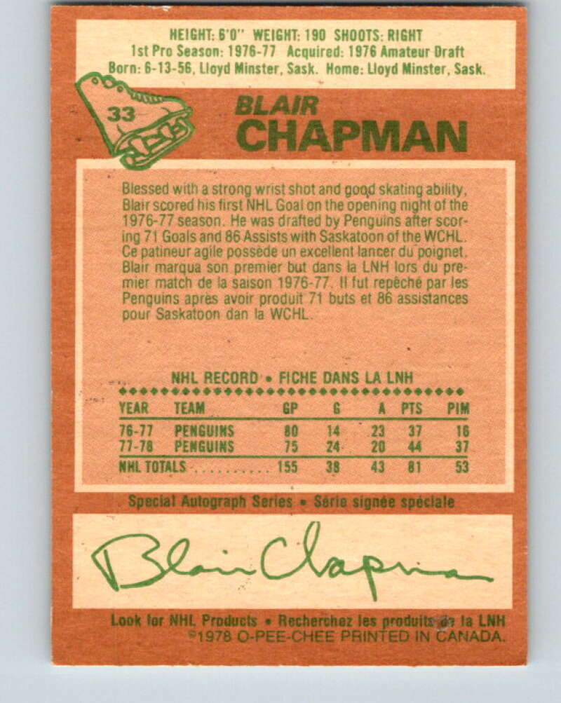 1978-79 O-Pee-Chee #33 Blair Chapman Pittsburgh Penguins V21267