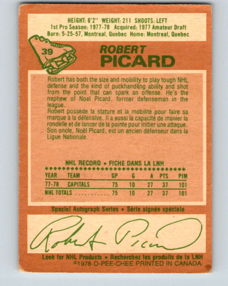 1978-79 O-Pee-Chee #39 Robert Picard RC Rookie Capitals V21348