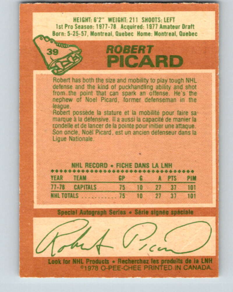 1978-79 O-Pee-Chee #39 Robert Picard RC Rookie Capitals V21353