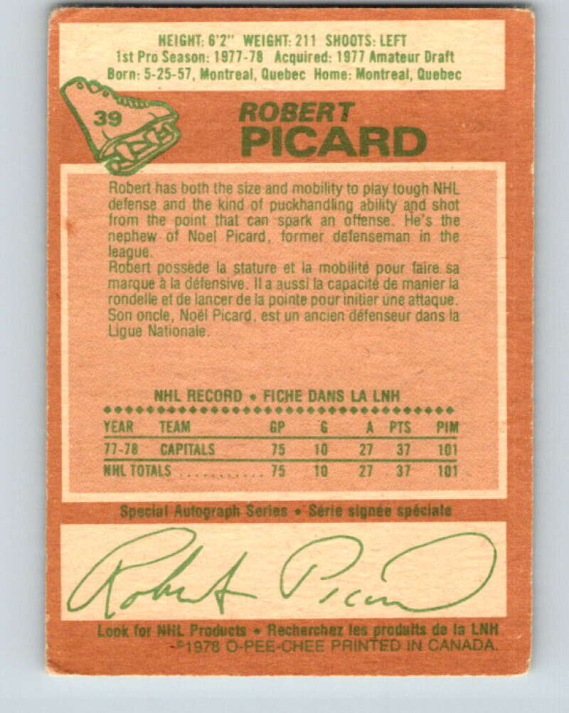 1978-79 O-Pee-Chee #39 Robert Picard RC Rookie Capitals V21355