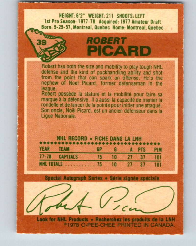 1978-79 O-Pee-Chee #39 Robert Picard RC Rookie Capitals V21357