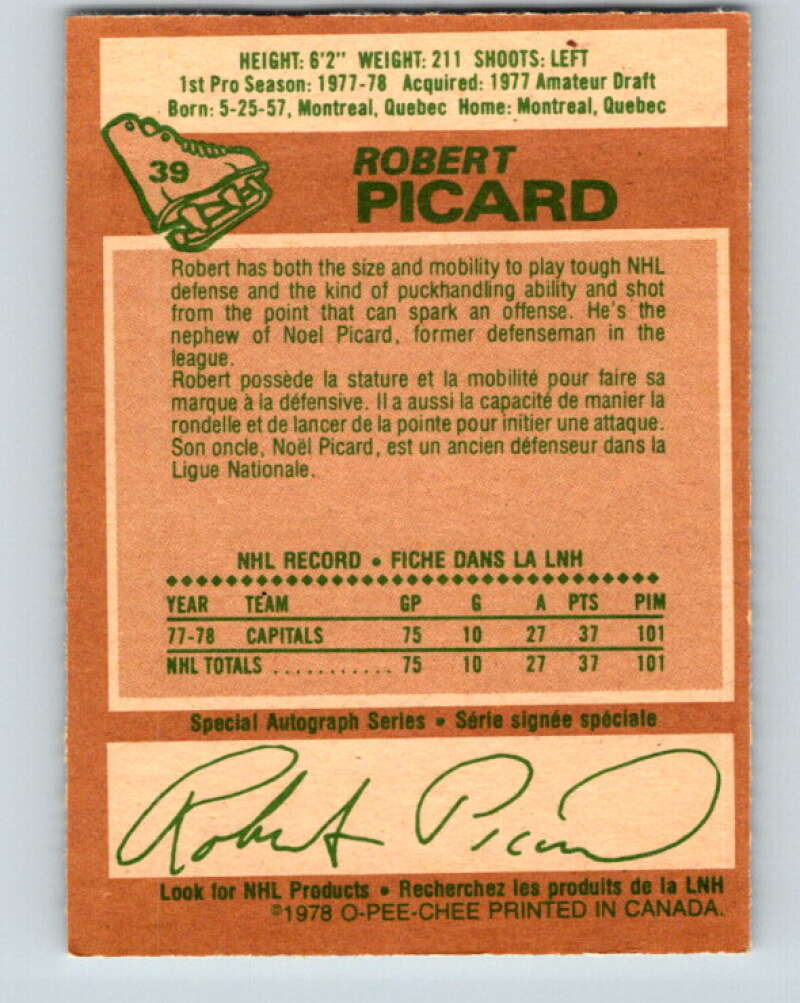1978-79 O-Pee-Chee #39 Robert Picard RC Rookie Capitals V21359