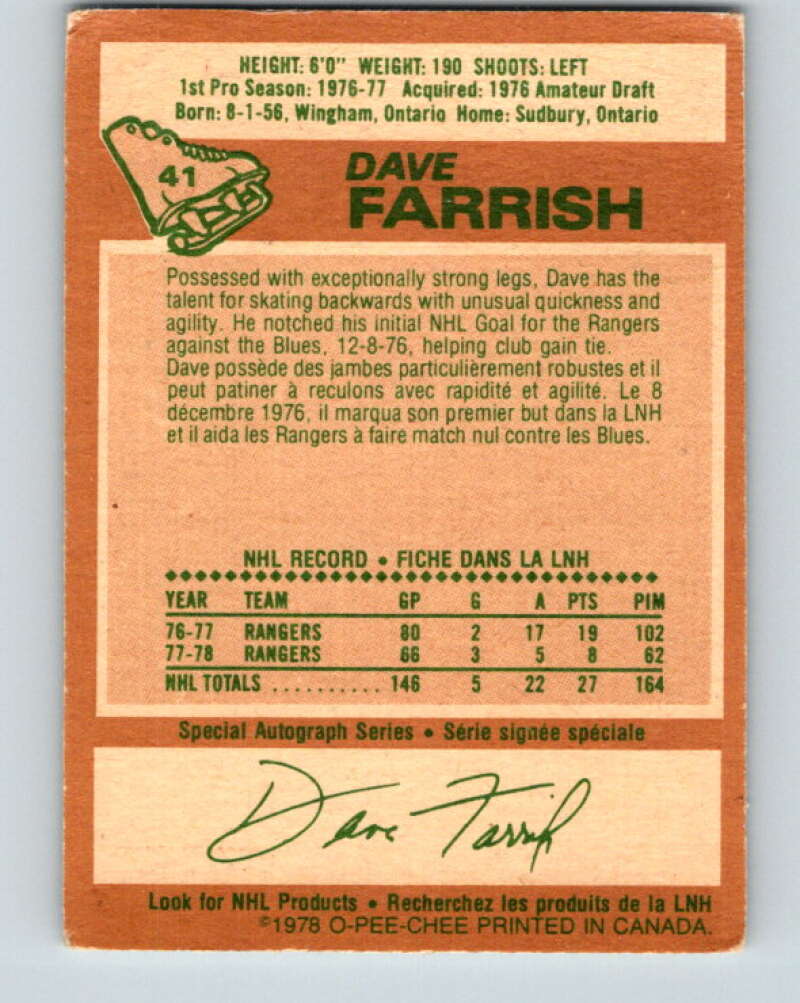 1978-79 O-Pee-Chee #41 Dave Farrish New York Rangers V21383