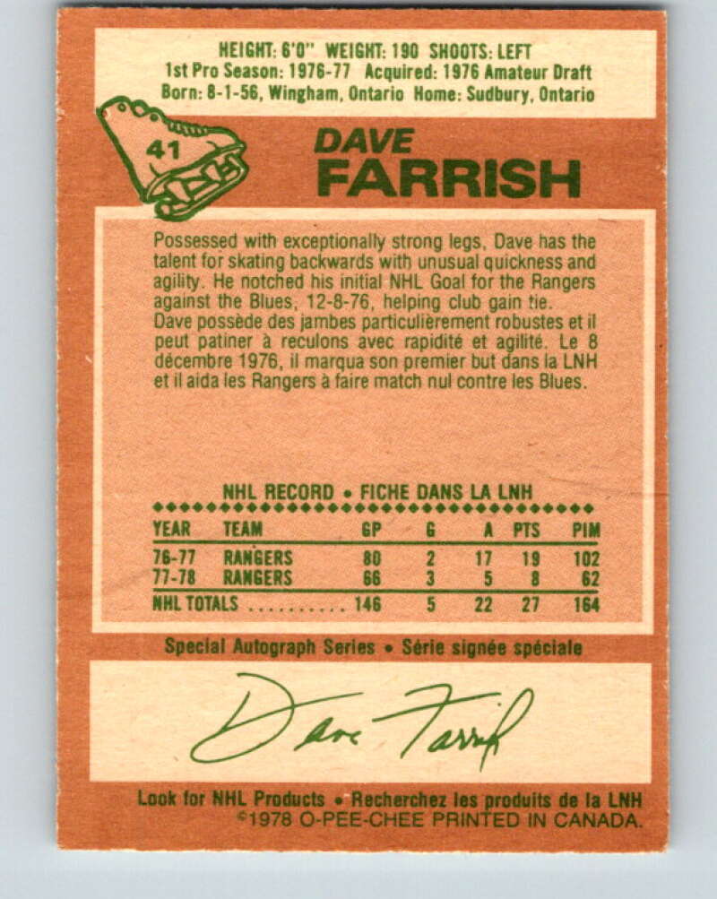 1978-79 O-Pee-Chee #41 Dave Farrish New York Rangers V21384
