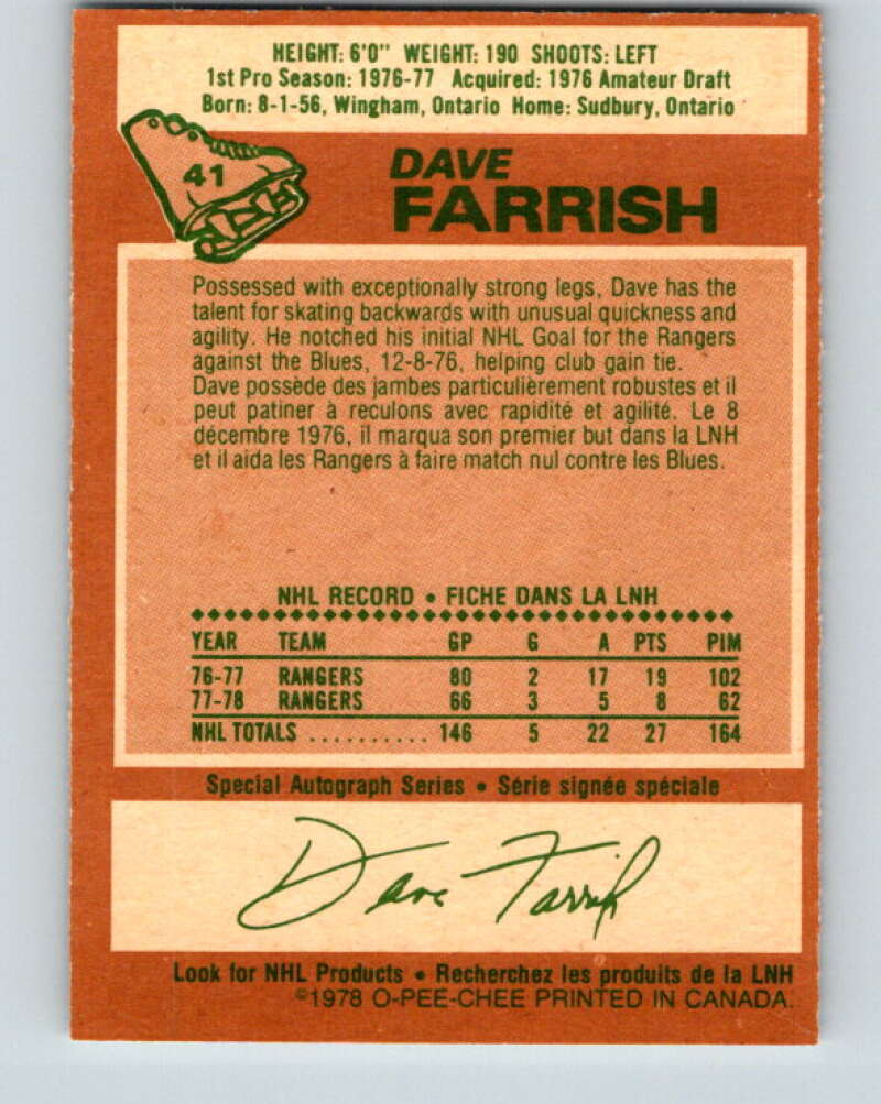 1978-79 O-Pee-Chee #41 Dave Farrish New York Rangers V21385