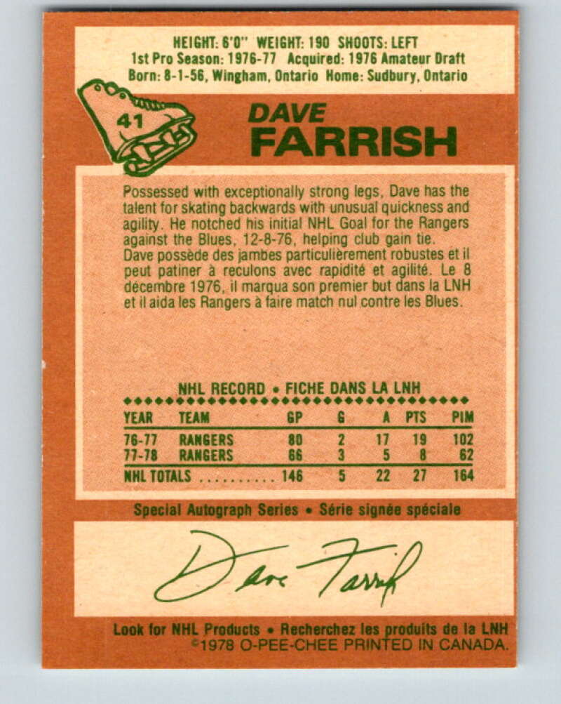 1978-79 O-Pee-Chee #41 Dave Farrish New York Rangers V21388