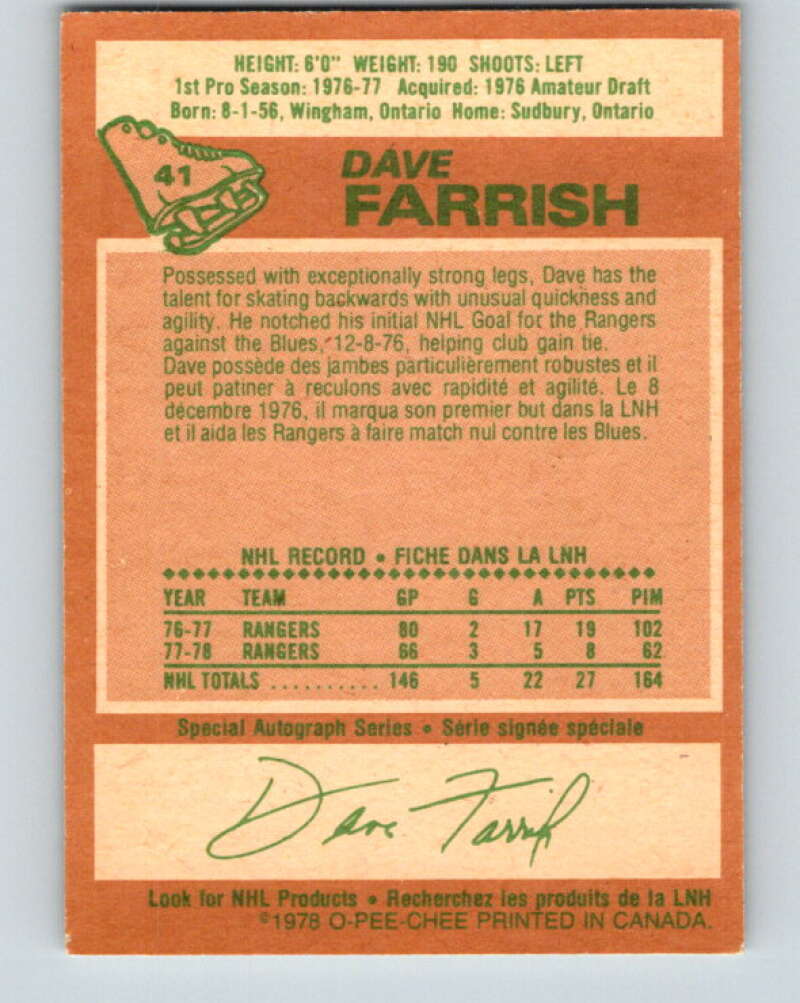 1978-79 O-Pee-Chee #41 Dave Farrish New York Rangers V21392