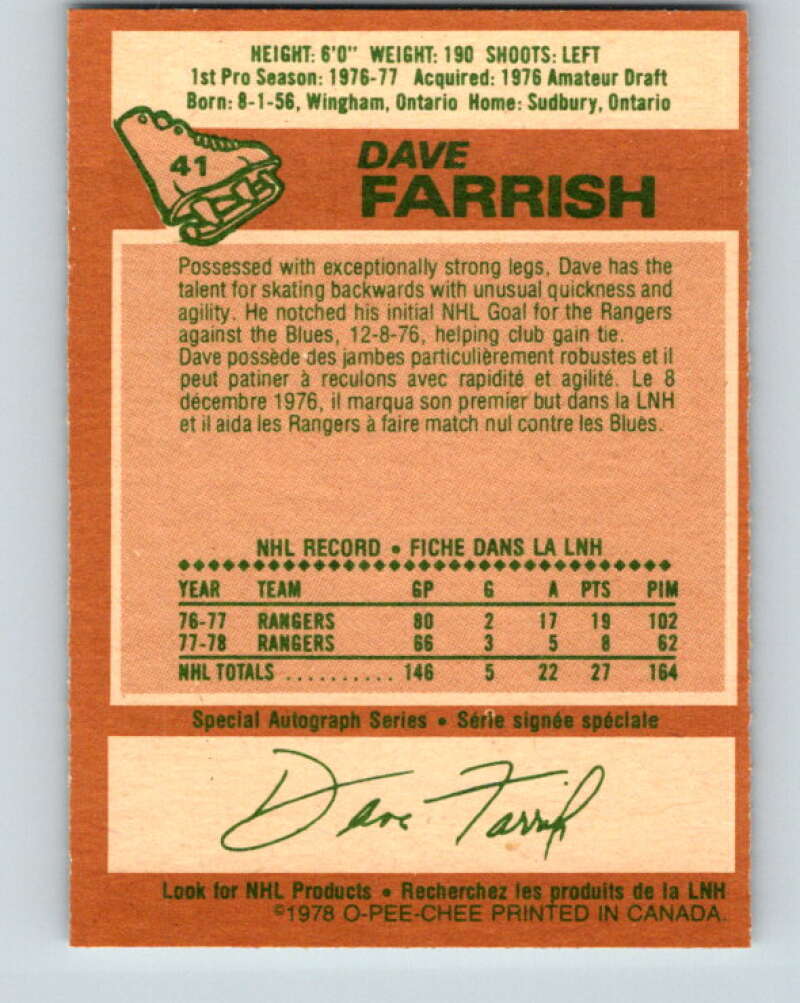 1978-79 O-Pee-Chee #41 Dave Farrish New York Rangers V21394